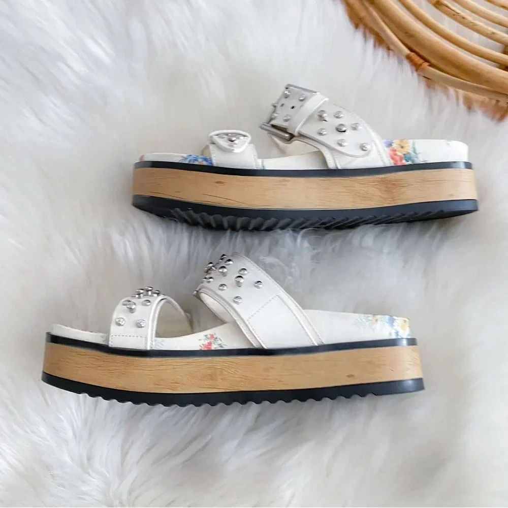 Alexander McQueen Platform Sandals Slides Studded Cream Leather Flower Print
